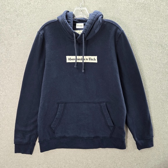 Abercrombie & Fitch Men Sweatshirt Medium Blue Hoodie Logo Patched Pockets Y2K - Picture 1 of 11